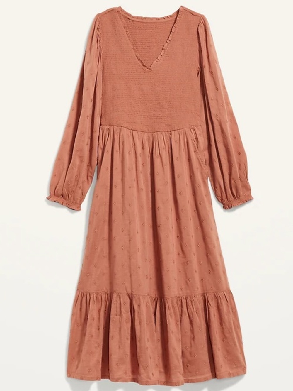 Old Navy Long-Sleeve Fit & Flare Smocked Midi Dress Warm Hickory size Medium